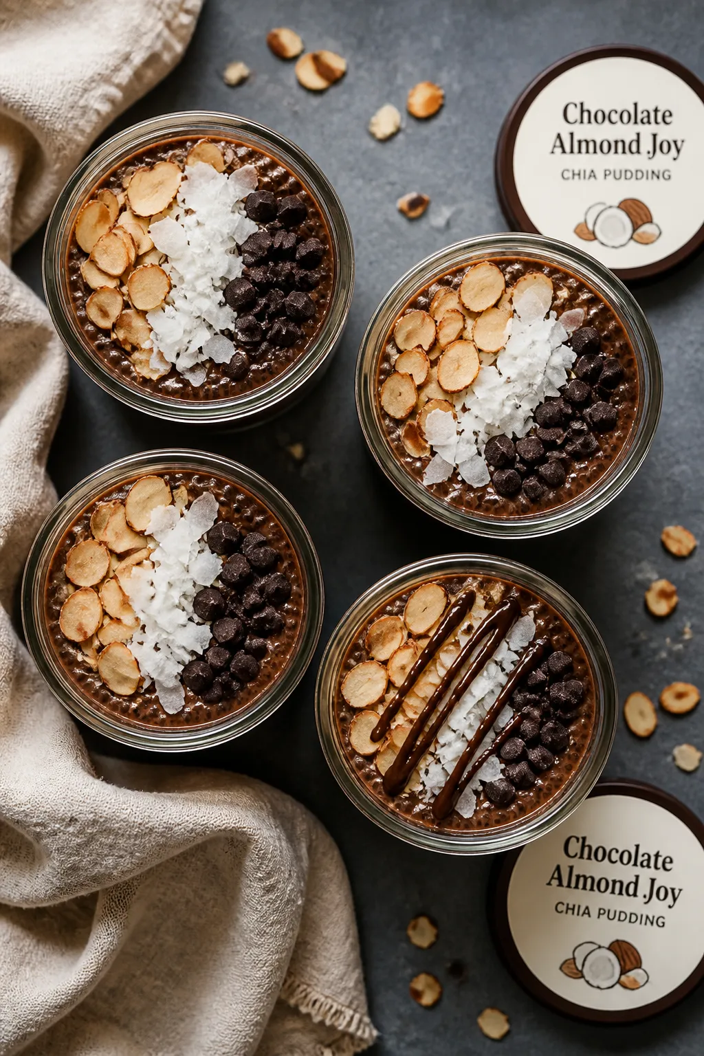 Tasty top-view meal prep: Overhead shot of four single-serve jars filled with chocolate Almond Joy c