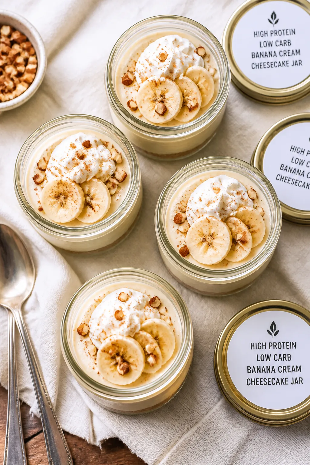 Tasty top view: Overhead hero shot of 4 finished High Protein Low Carb Banana Cream Cheesecake Jars