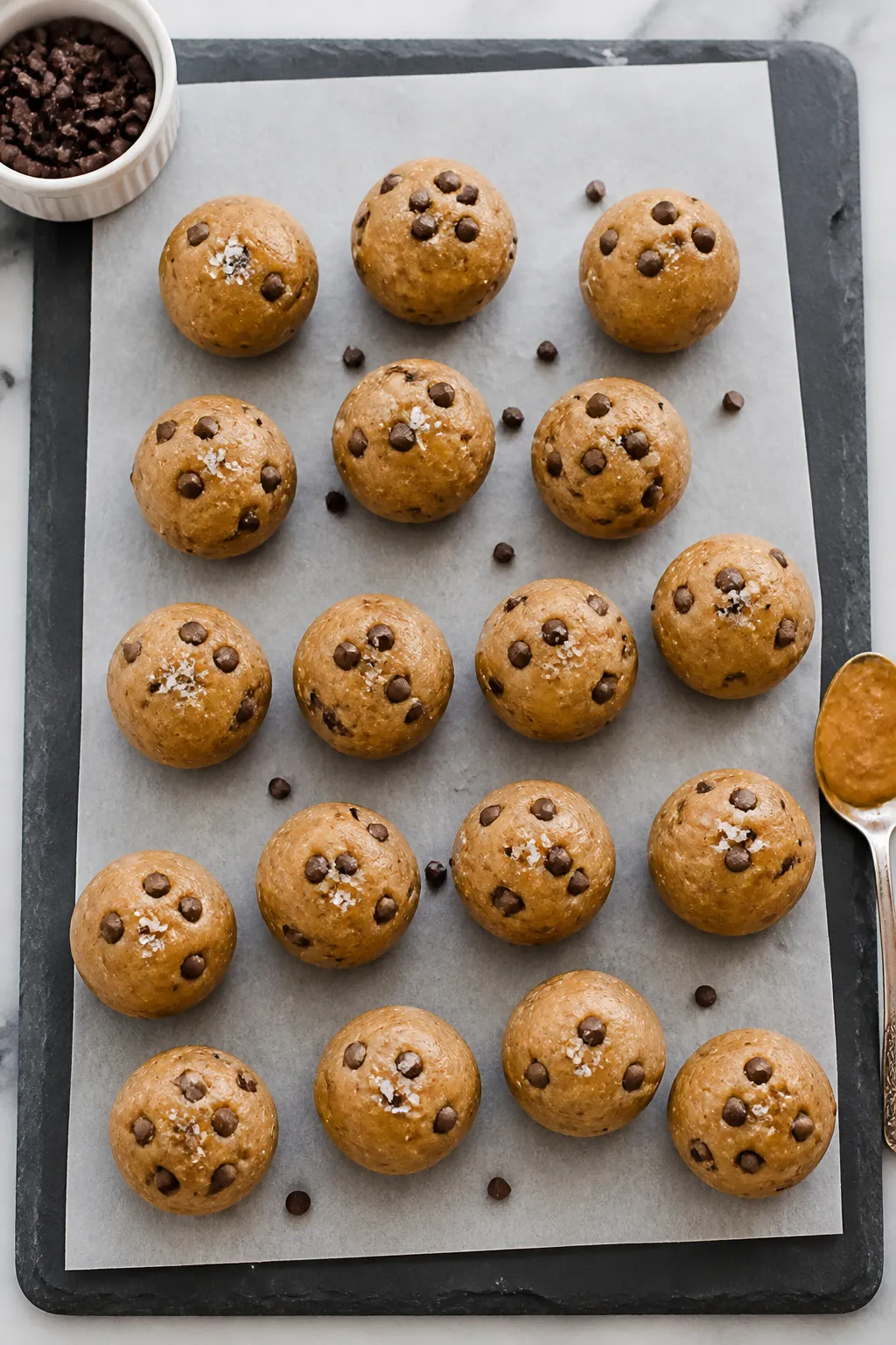 Tasty top-view: Overhead shot of 14–18 finished High Protein Low Carb Chocolate Chip Cookie Dough 