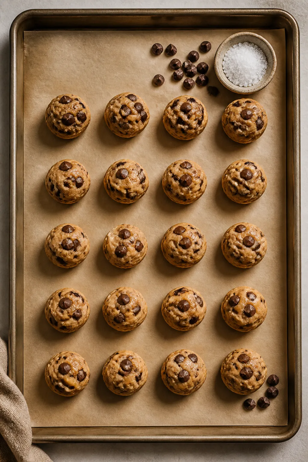 Tasty top view: Overhead shot of 14 neatly portioned Low Carb Protein Cookie Dough Bites set on a pa