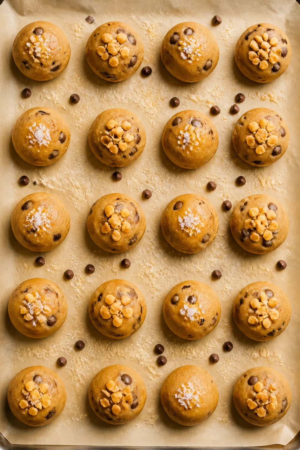 Tasty top view: Overhead shot of 16–20 chilled peanut butter protein cookie dough bites arranged i