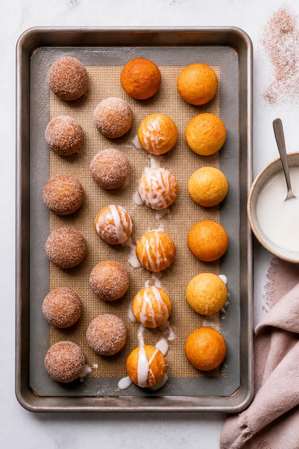 Tasty top view: Overhead shot of 18–22 donut holes evenly spaced on a silicone mat-lined baking sh