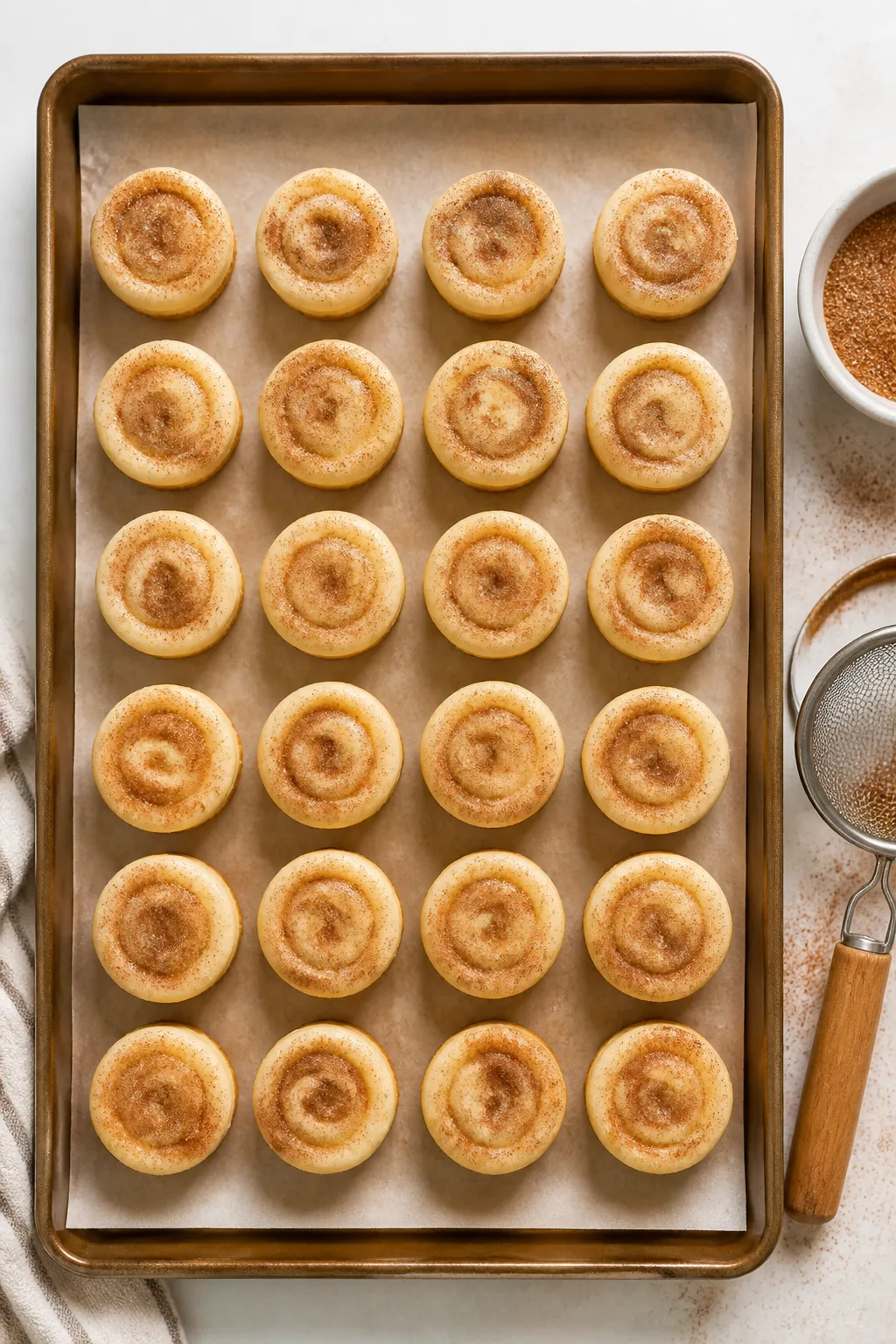 Tasty top view: Overhead shot of 24 bite-size snickerdoodle cheesecake bites arranged in a neat grid
