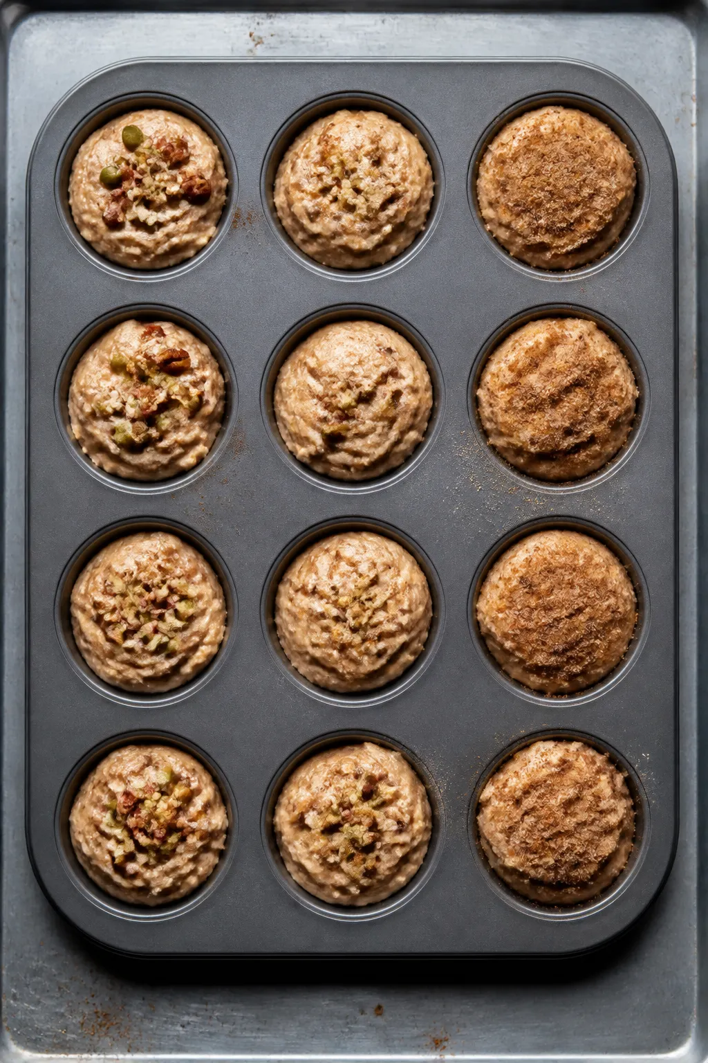 Tasty top view: Overhead shot of a 12-cup muffin tin filled with evenly portioned batter mid-process