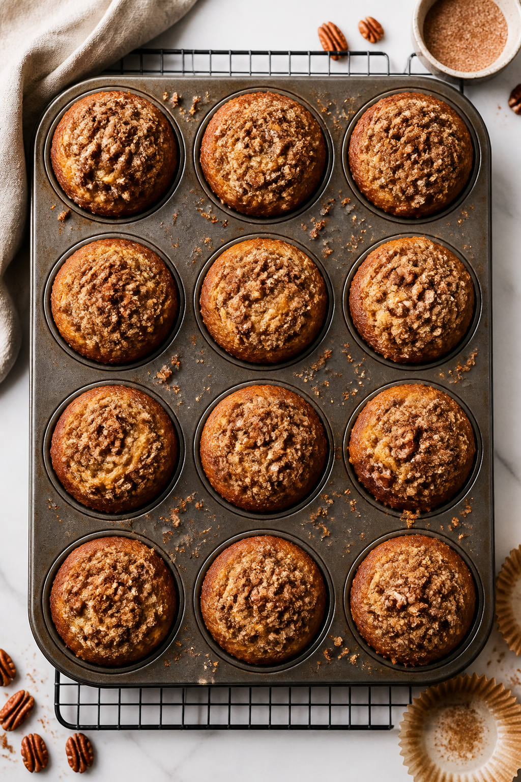 Tasty top view: Overhead shot of a 12-cup muffin tin just out of the oven on a cooling rack, each mu