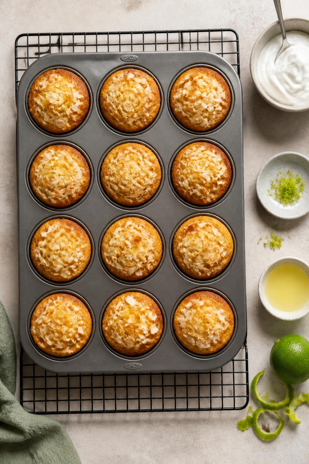 Tasty top view: Overhead shot of a 12-cup muffin tin just out of the oven, each cup filled with even