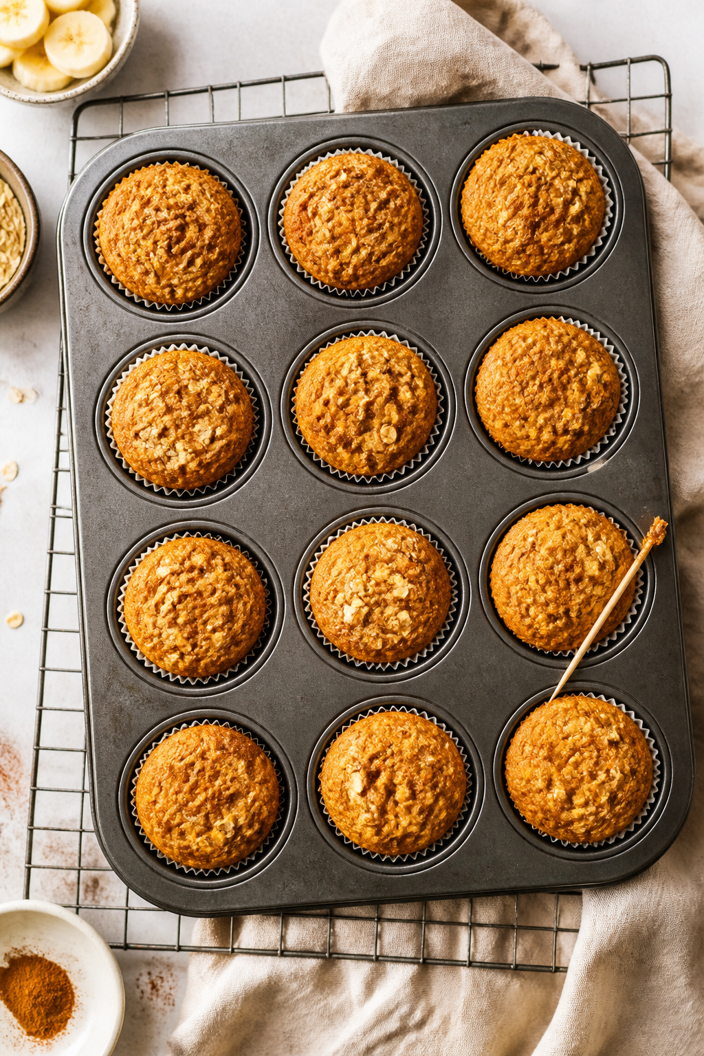 Tasty top view: Overhead shot of a 12-cup muffin tin fresh from the oven, each well holding an evenl