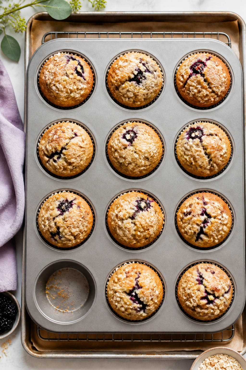 Tasty top view: Overhead shot of a 12-cup muffin tin just out of the oven, each liner filled with go
