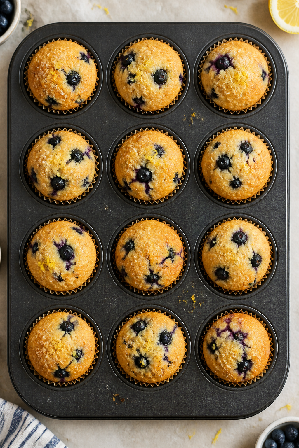 Tasty top view: Overhead shot of a 12-cup muffin tin just out of the oven, each cavity holding small