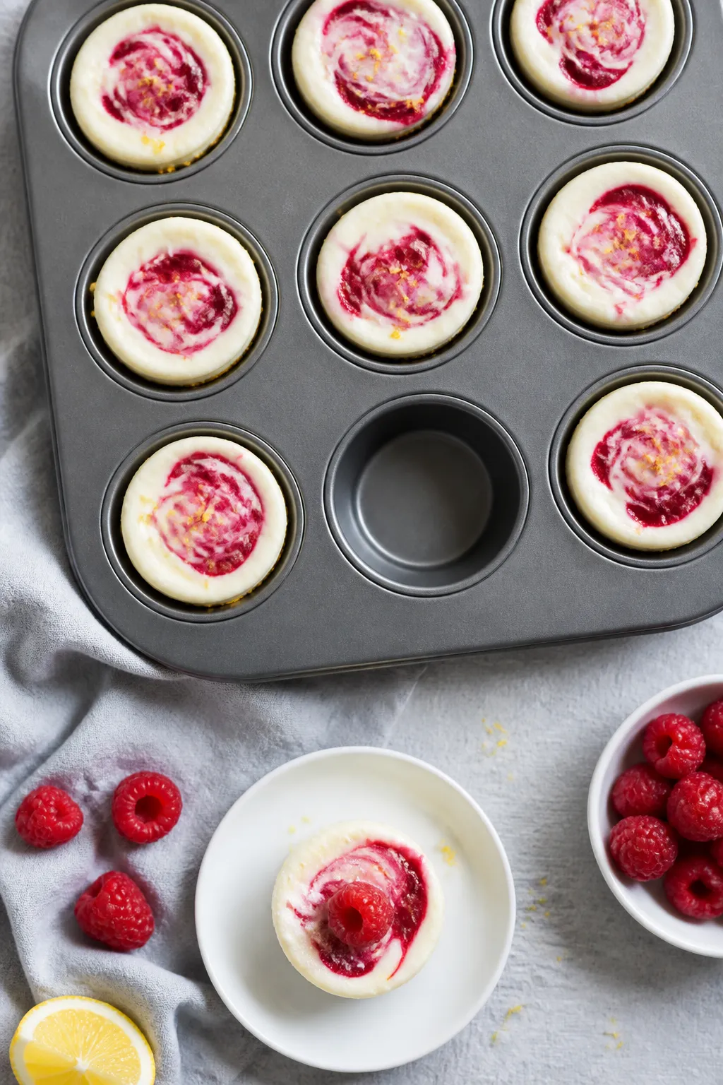 Tasty top view: Overhead shot of a 12-cup muffin tin filled with chilled, set cheesecake bites, each