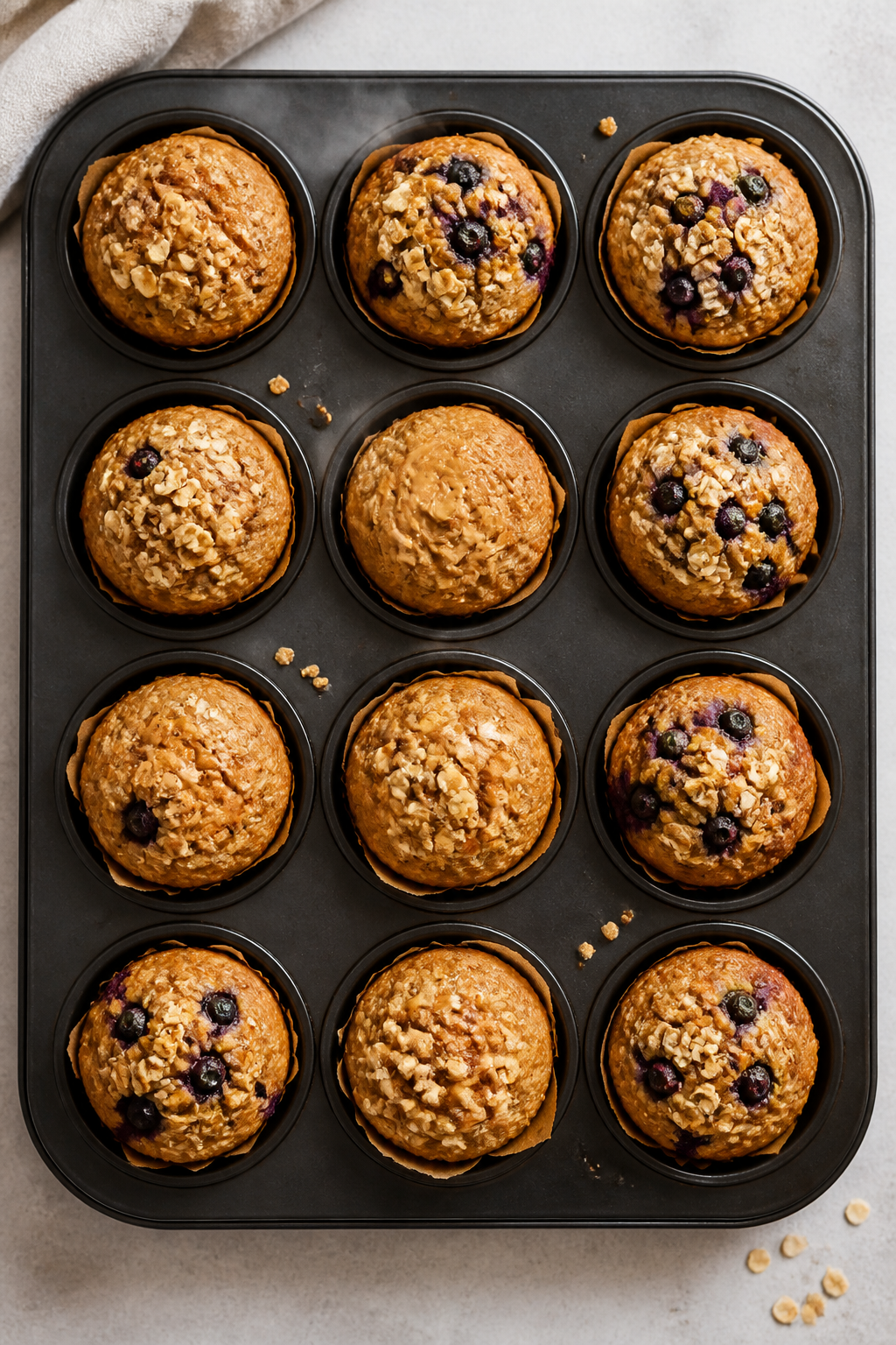 Tasty top view: Overhead shot of a 12-cup muffin tin fresh from the oven with baked banana oatmeal p