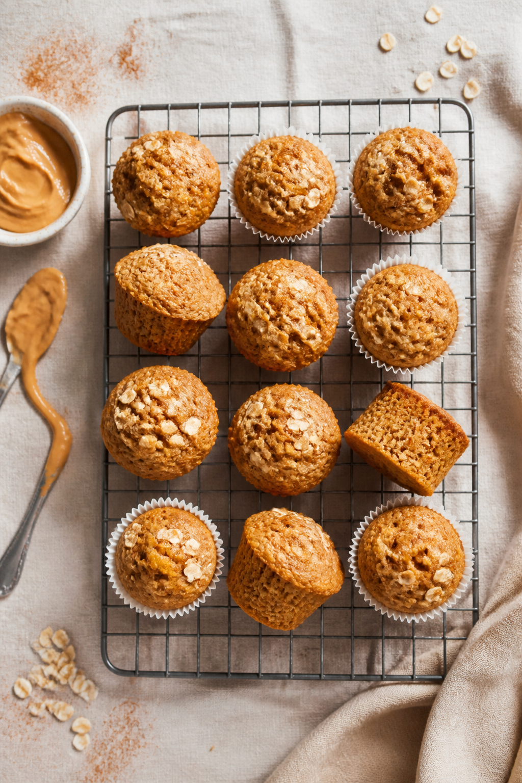 Tasty top view: Overhead shot of a cooling rack filled with 12 mini muffins arranged neatly, some in