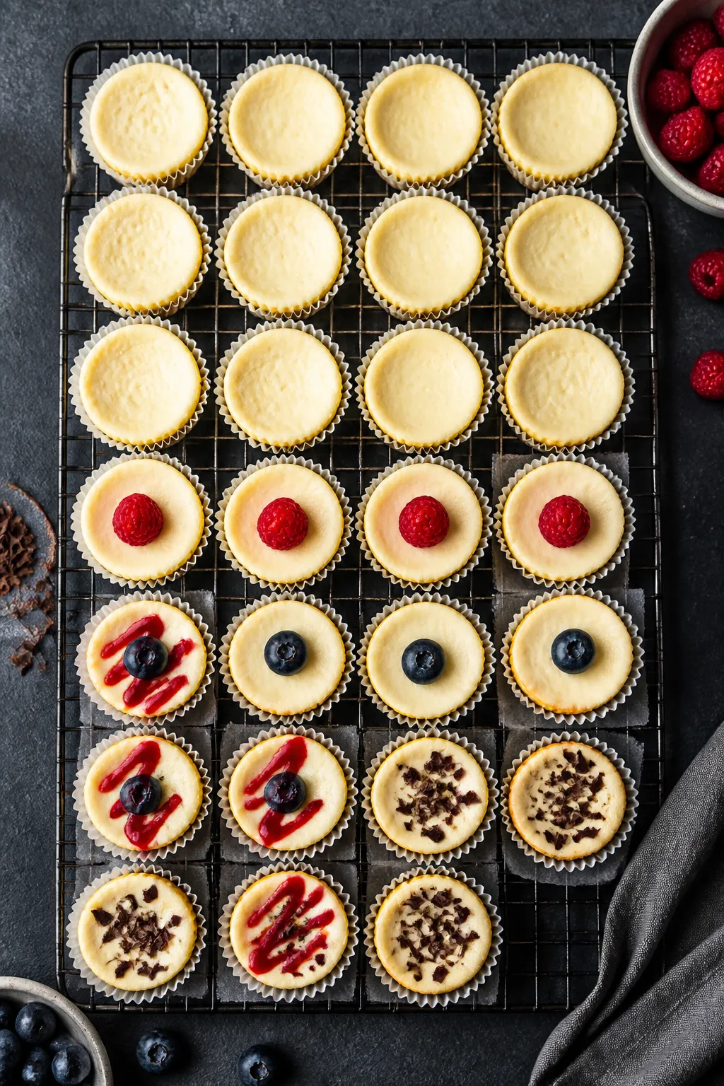 Tasty top view: Overhead shot of a cooling rack filled with cheesecake bites post-bake, liners on, a