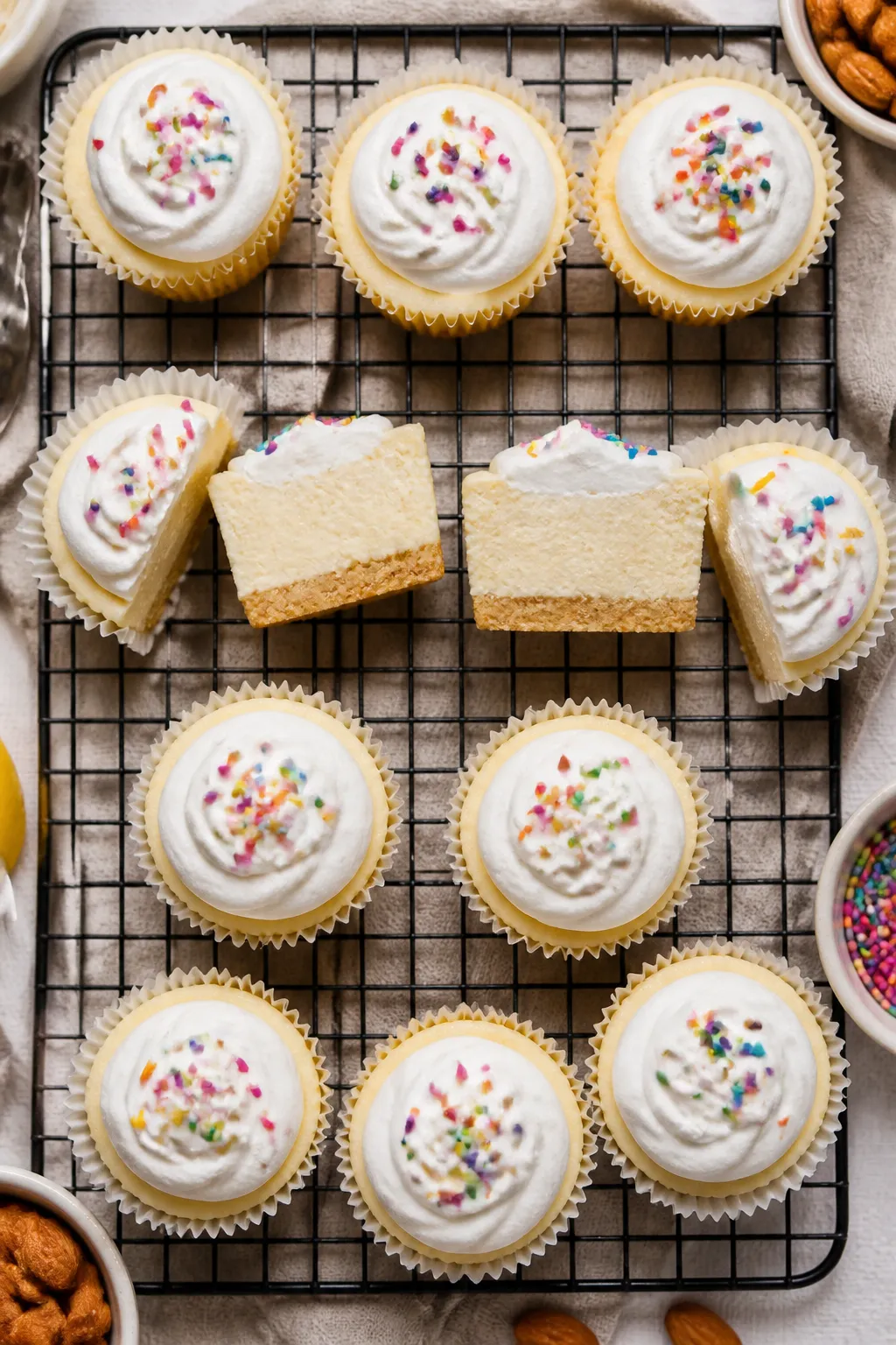 Tasty top view: Overhead shot of a cooling rack filled with chilled cheesecake cups in paper liners,