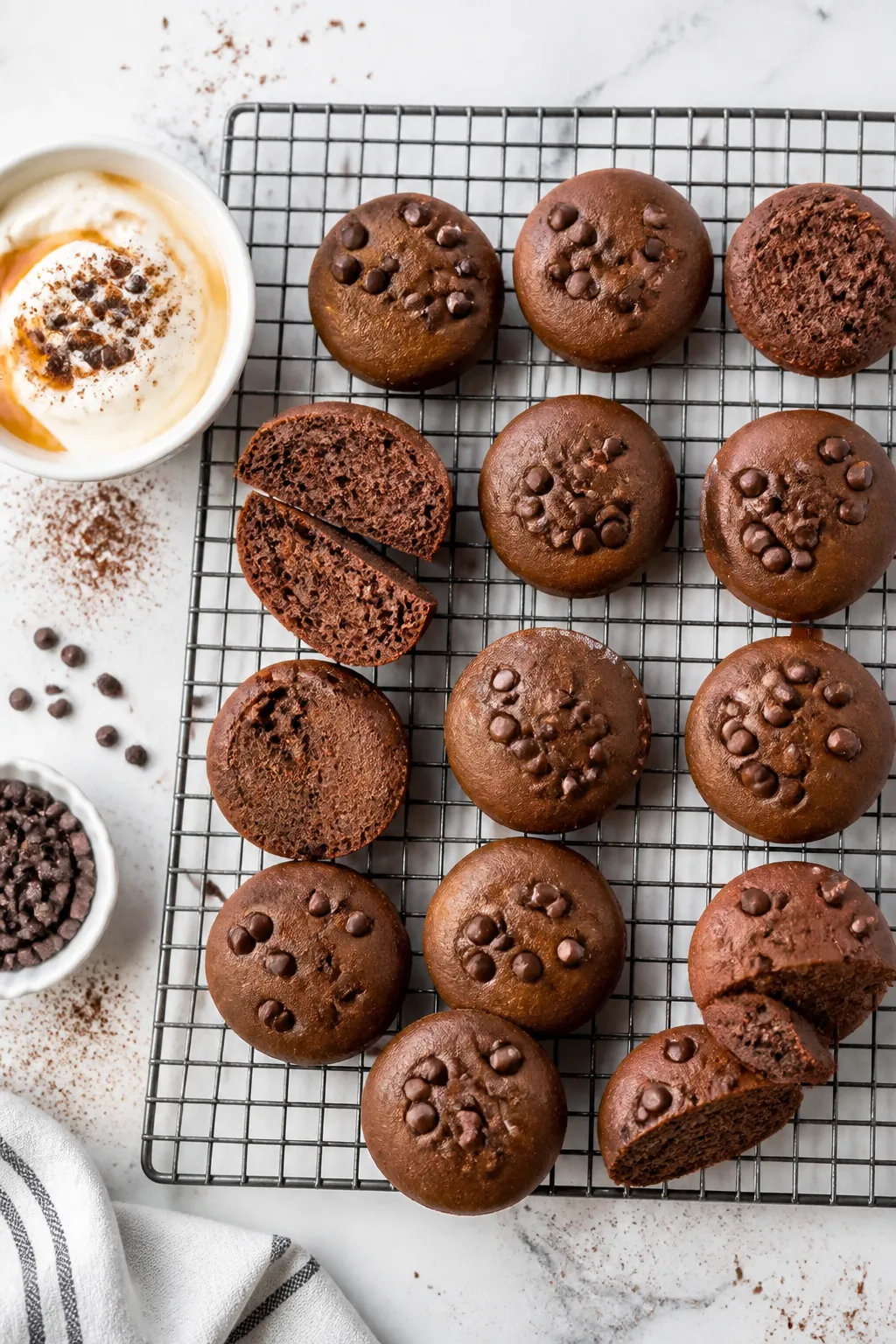 Tasty top view: Overhead shot of a cooling rack filled with chocolate protein pancake bites arranged