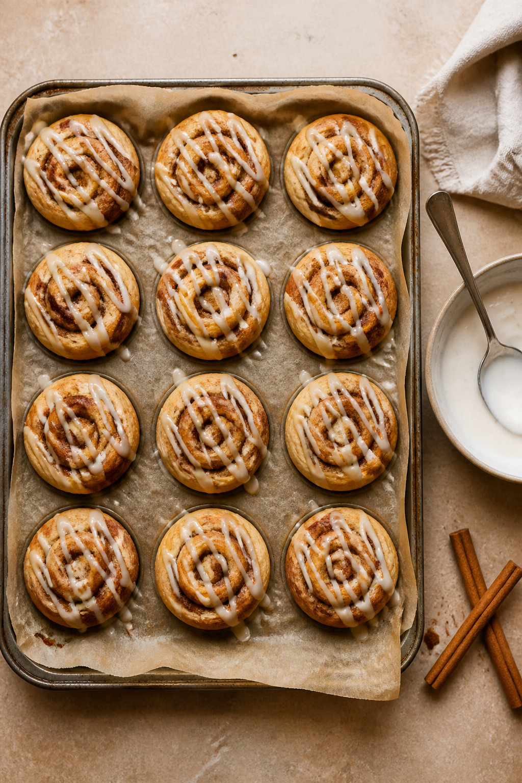 Tasty top view: Overhead shot of a dozen mini cinnamon roll muffins arranged in a parchment-lined mu