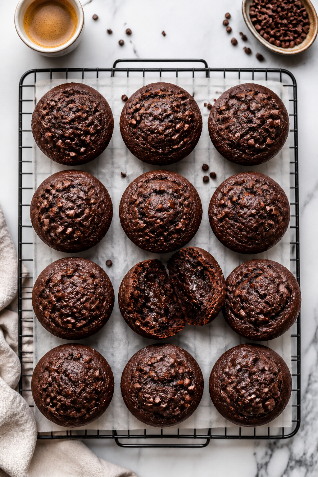 Tasty top view: Overhead shot of a full batch of 12 double chocolate muffins on a wire cooling rack 
