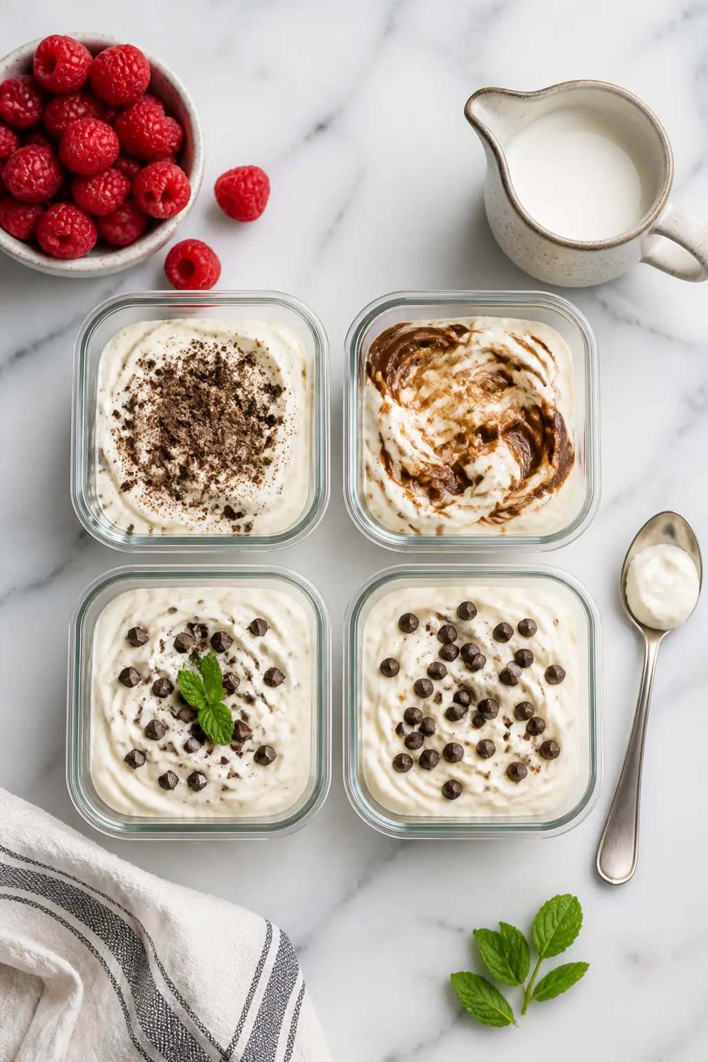 Tasty top view: Overhead shot of a meal-prep spread—four small airtight glass containers filled wi