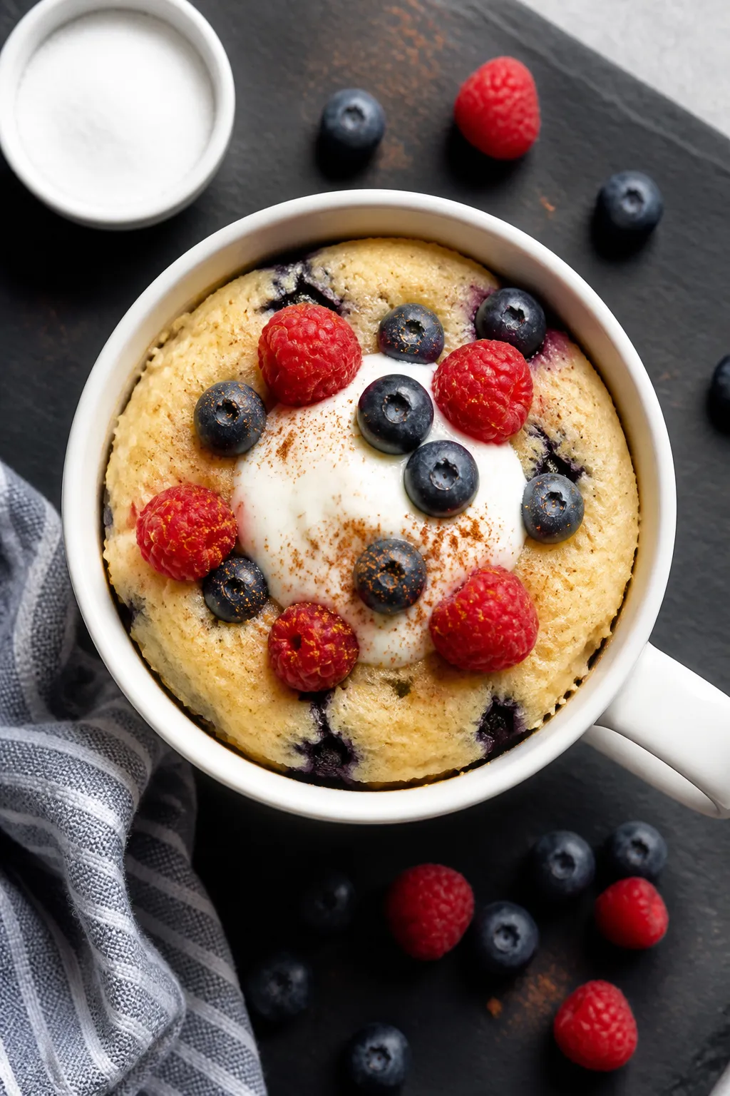 Tasty top view: overhead shot of a vanilla-berry protein mug cake (made with vanilla protein, no coc