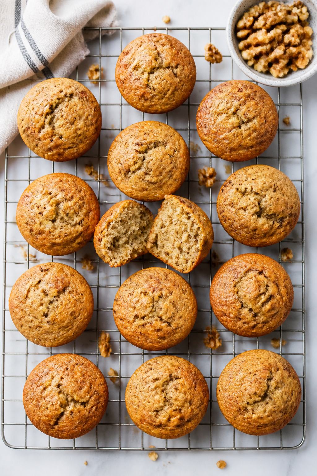 Tasty top view: Overhead shot of a wire rack filled with cooled small standard banana nut muffins, e