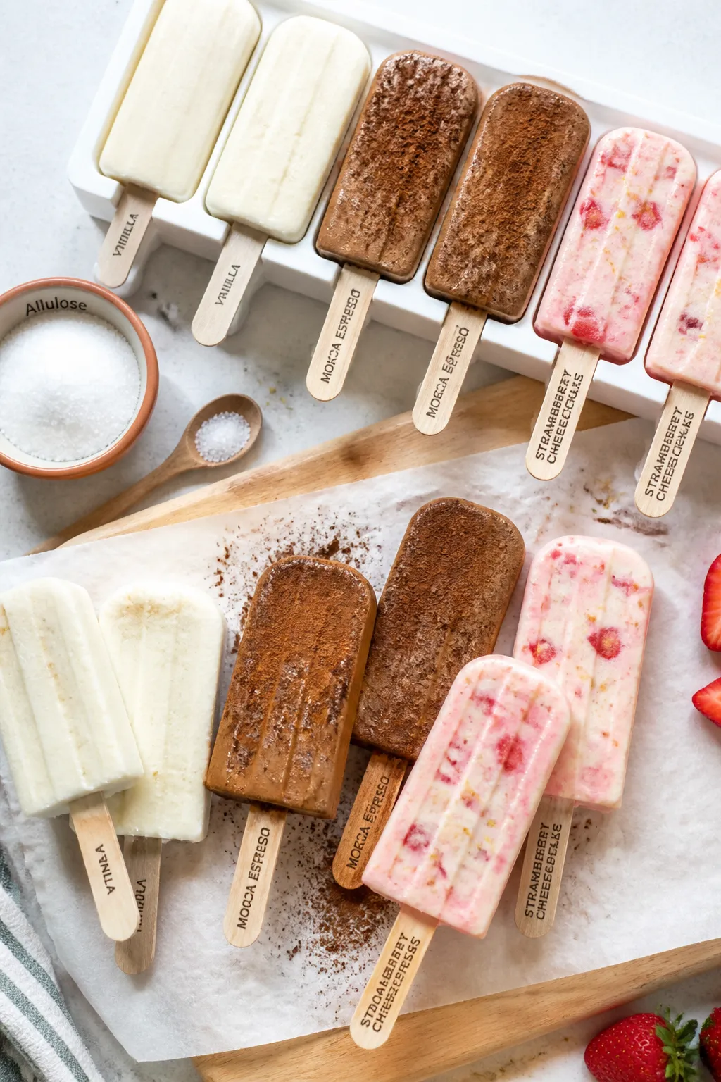 Tasty top view: Overhead shot of assorted finished bars arranged in a silicone popsicle mold tray an