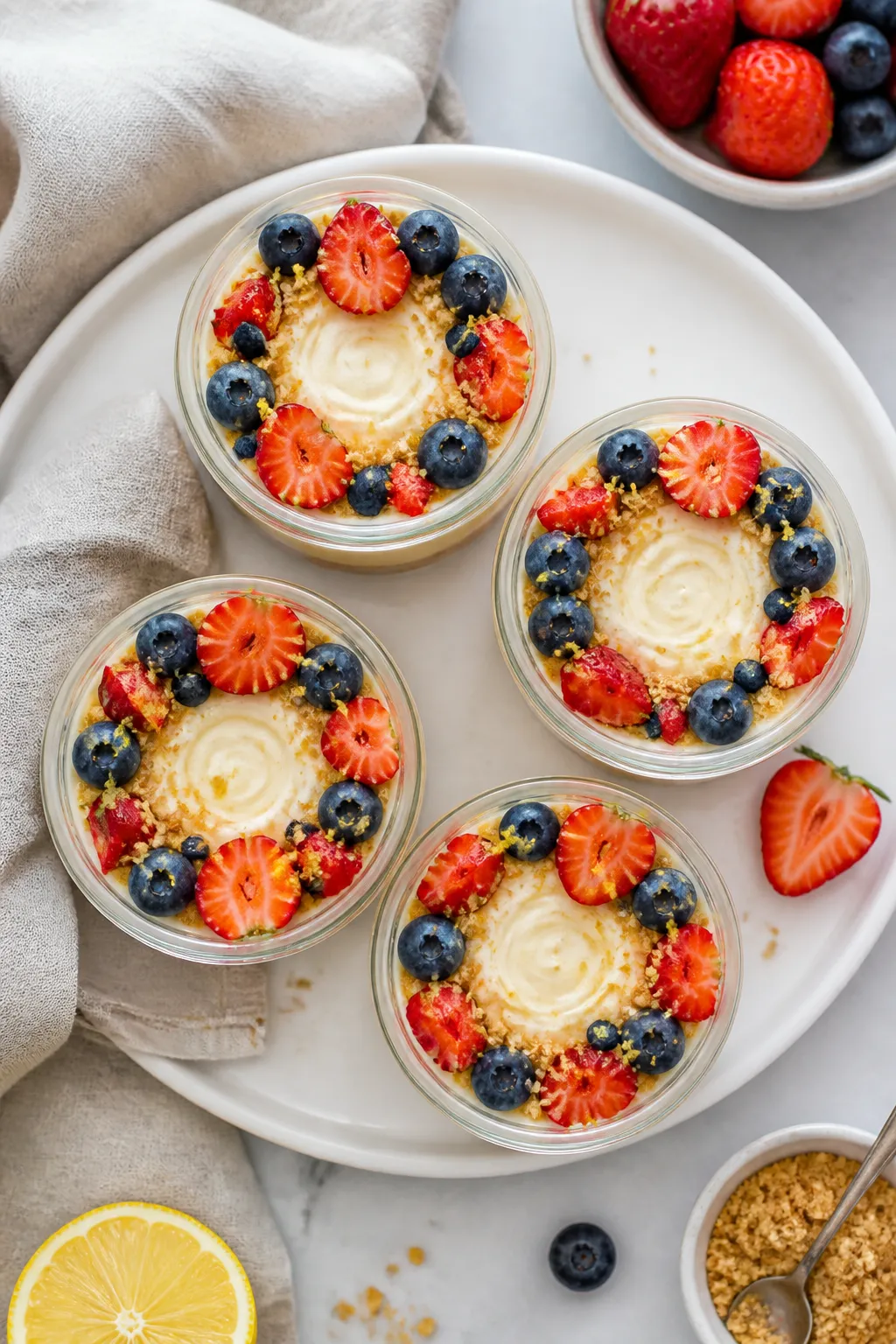 Tasty top view: Overhead shot of chilled cheesecake pudding set in four clear jars, smooth swirled t