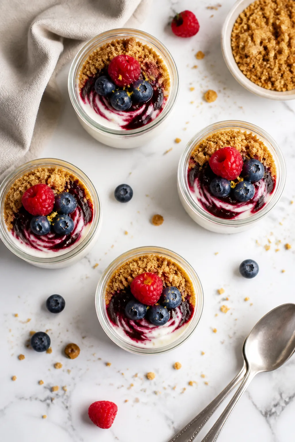 Tasty top view: Overhead shot of chilled Cottage Cheese Cheesecake Pudding set in clear jars, topped