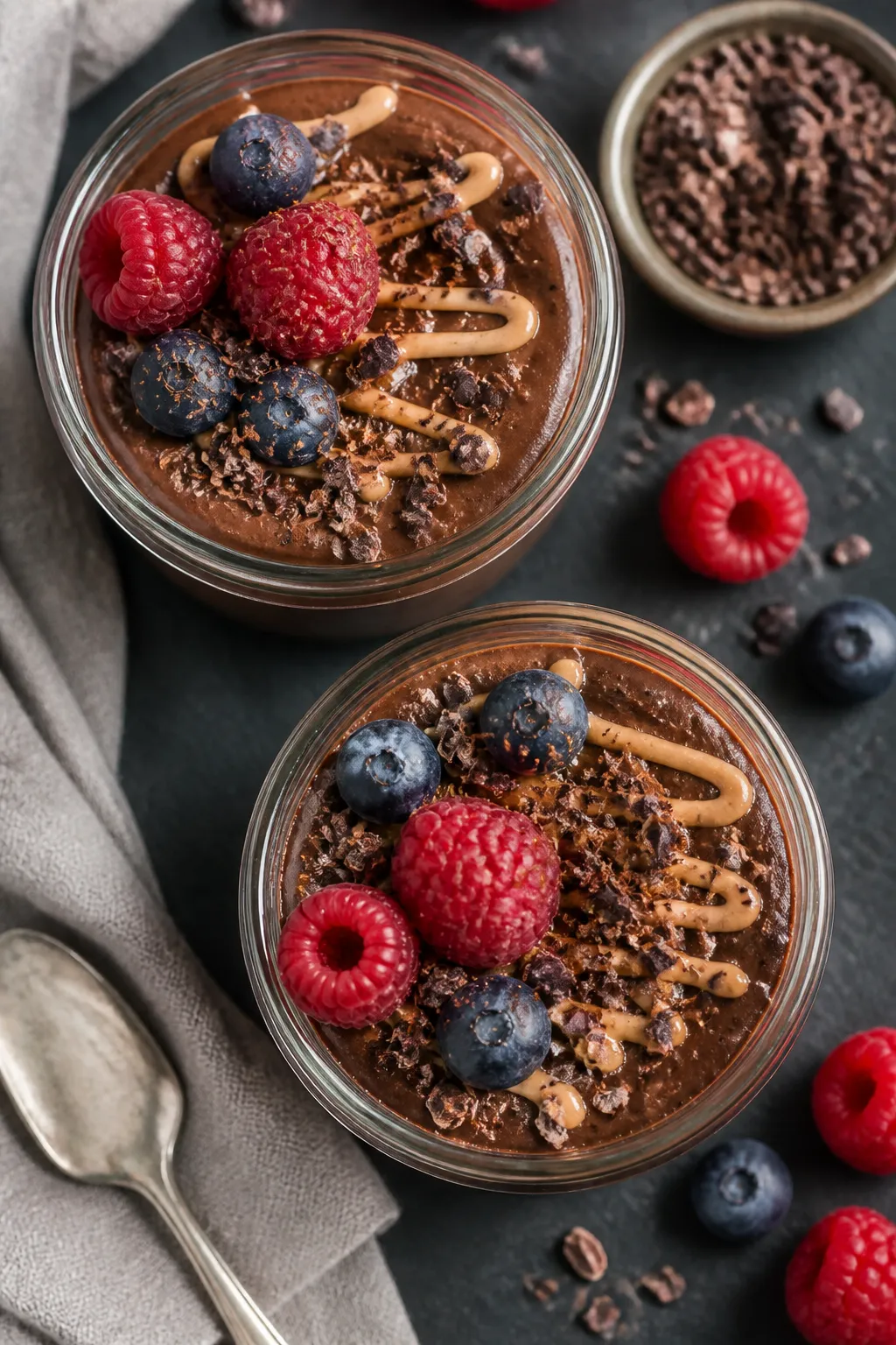 Tasty top view — Overhead shot of chilled Greek Yogurt Chocolate Protein Pudding portioned into tw
