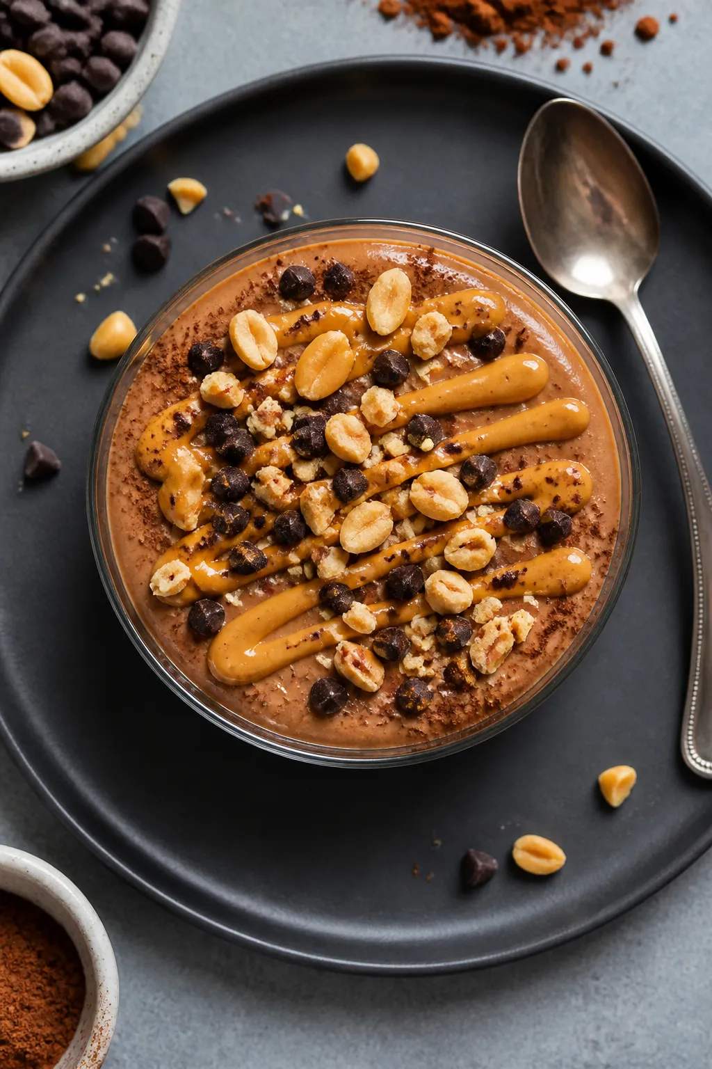 Tasty top view: Overhead shot of chilled High Protein Reese’s Pudding in a clear ramekin, topped w