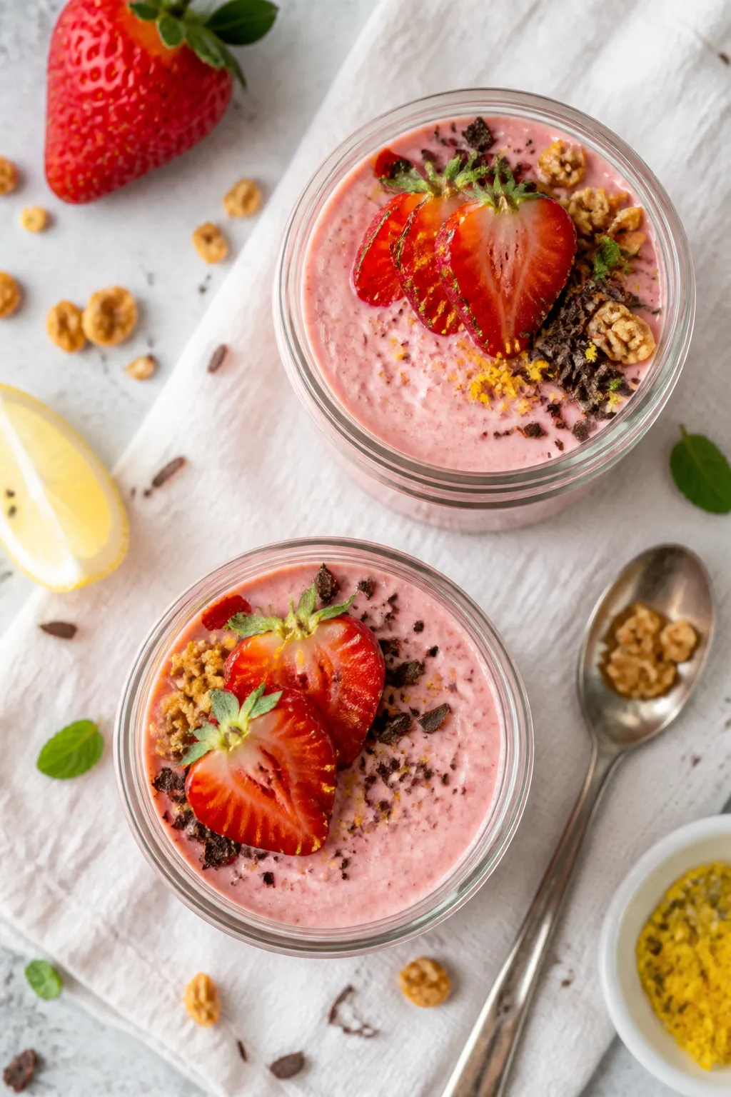 Tasty top view: Overhead shot of chilled strawberry protein pudding portioned into two small glass j