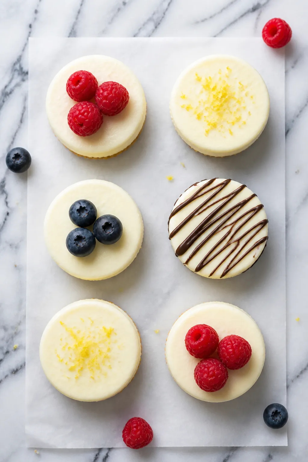 Tasty top view: Overhead shot of chilled vanilla cheesecake protein bites arranged on parchment in a