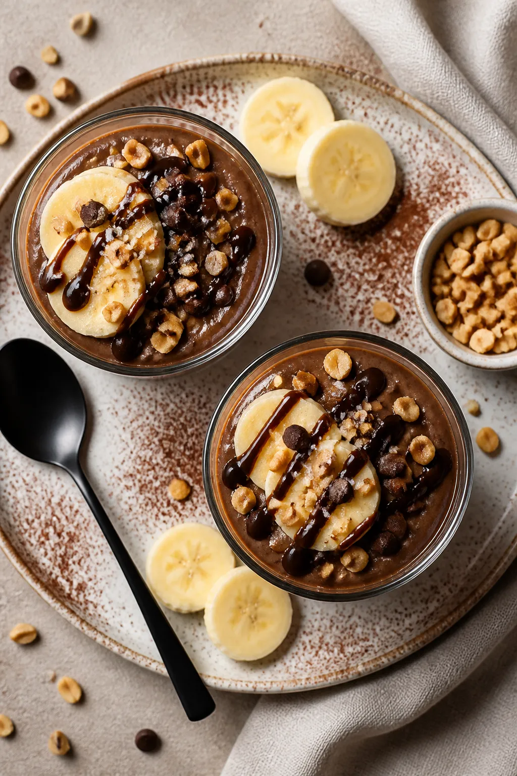 Tasty top view: Overhead shot of Chocolate Peanut Butter version set in two small glass cups, thick 