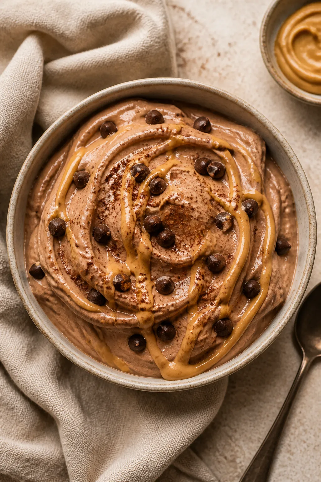 Tasty top view: Overhead shot of chocolate peanut butter protein ice cream at soft-serve consistency
