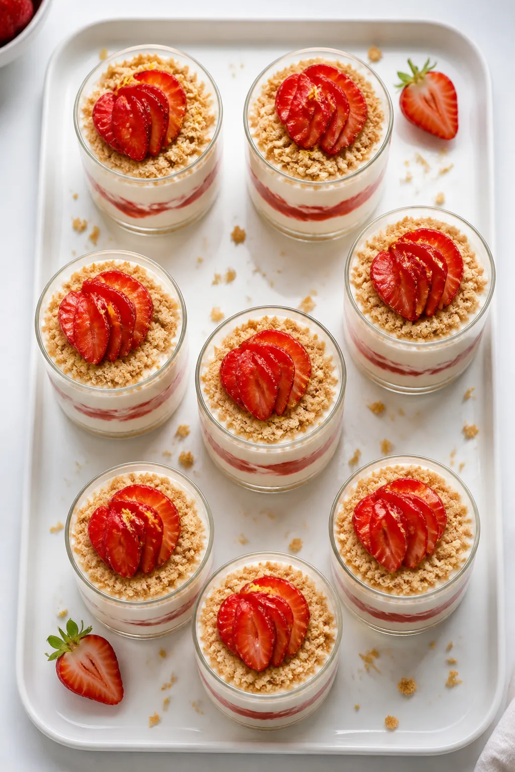 Tasty top view: Overhead shot of dessert jars filled with Greek Yogurt Strawberry Cheesecake Pudding