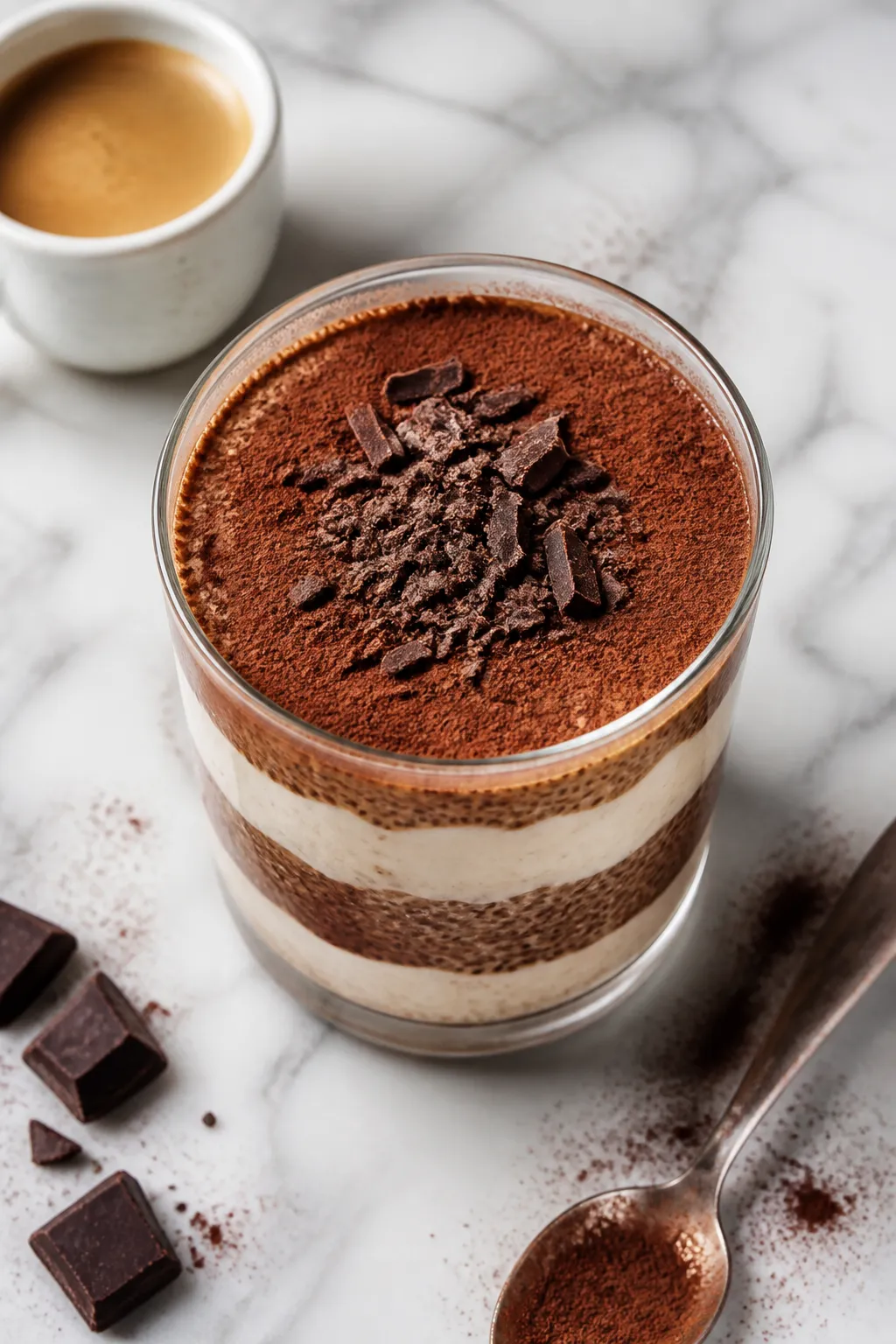 Tasty top view: Overhead shot of finished High Protein Tiramisu Chia Pudding in a clear tumbler, dis