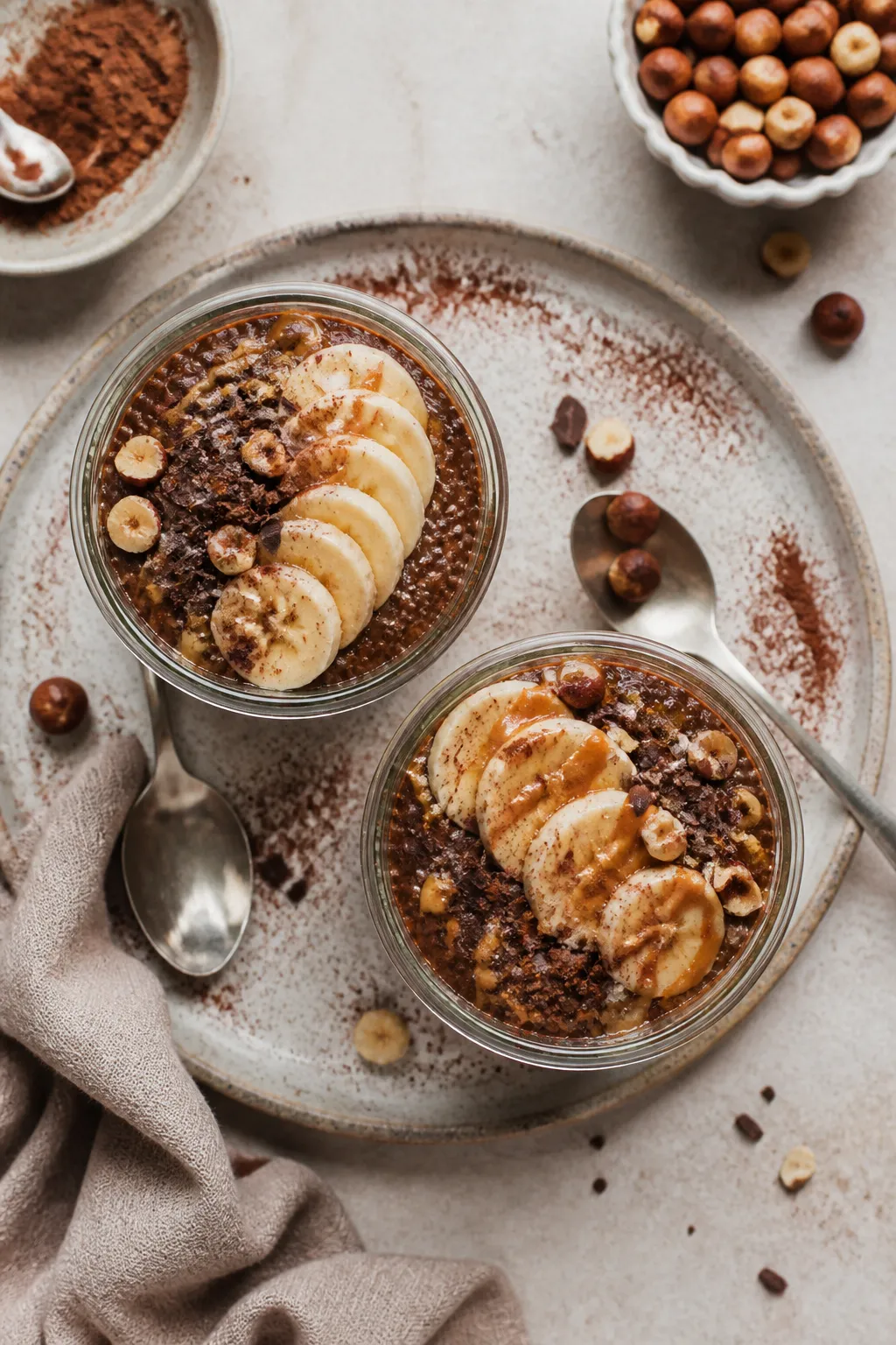Tasty top view: Overhead shot of finished High Protein Nutella Chia Pudding in two small mason jars,
