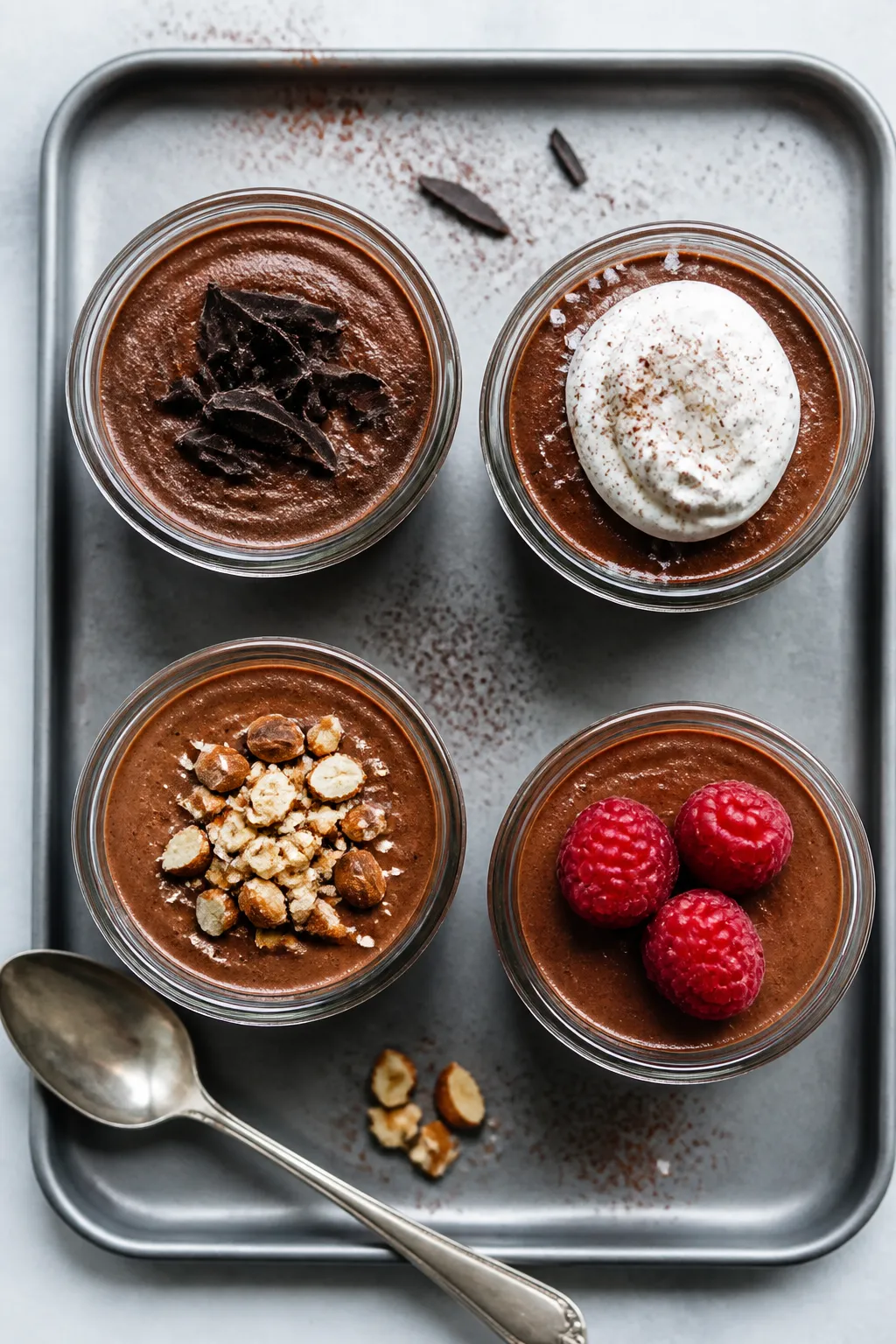 Tasty top view: Overhead shot of finished High Protein Low Carb Dark Chocolate Cheesecake Jars, neat