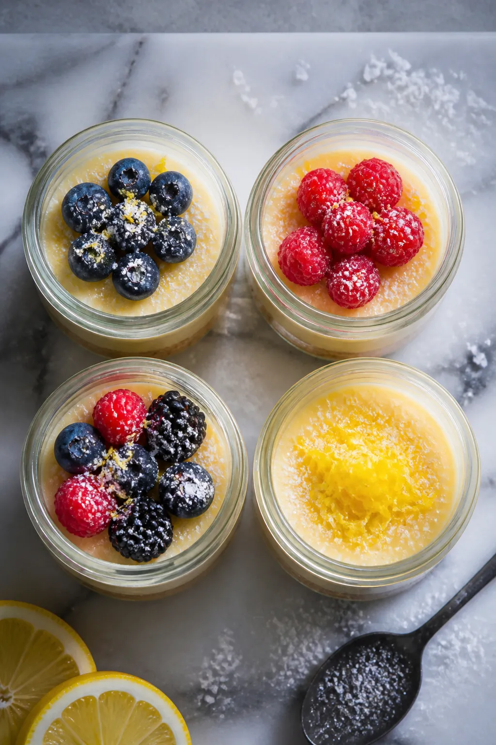 Tasty top view: Overhead shot of four 6-ounce glass jars arranged on a chilled marble slab, each eve