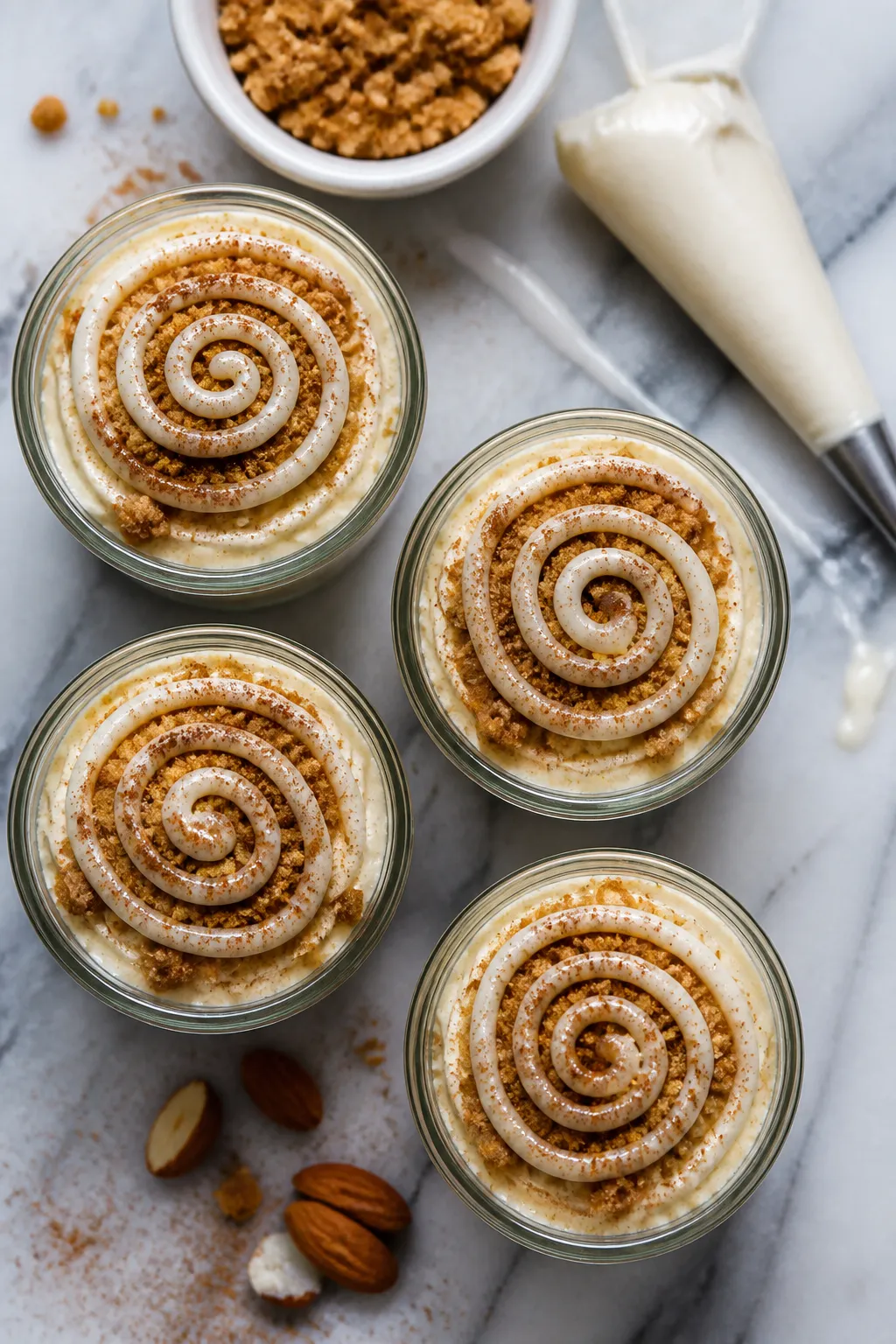 Tasty top view: Overhead shot of four assembled cheesecake jars on a cool-toned marble slab, each la