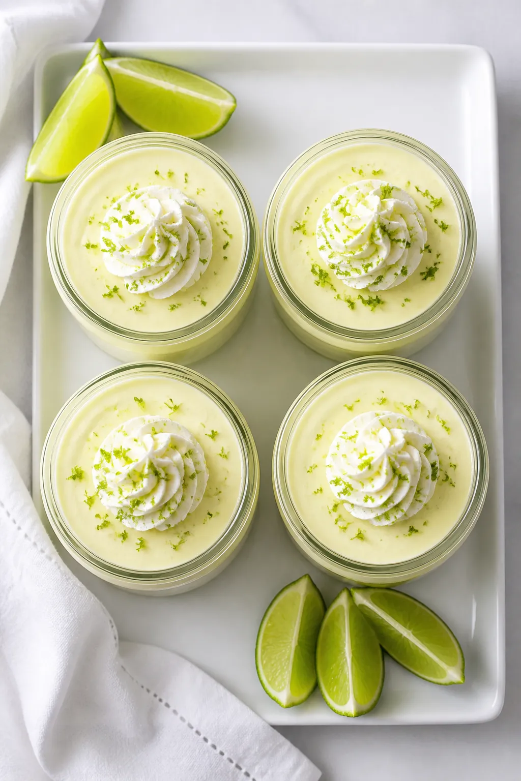 Tasty top view: Overhead shot of four assembled key lime cheesecake jars without crust, tops perfect
