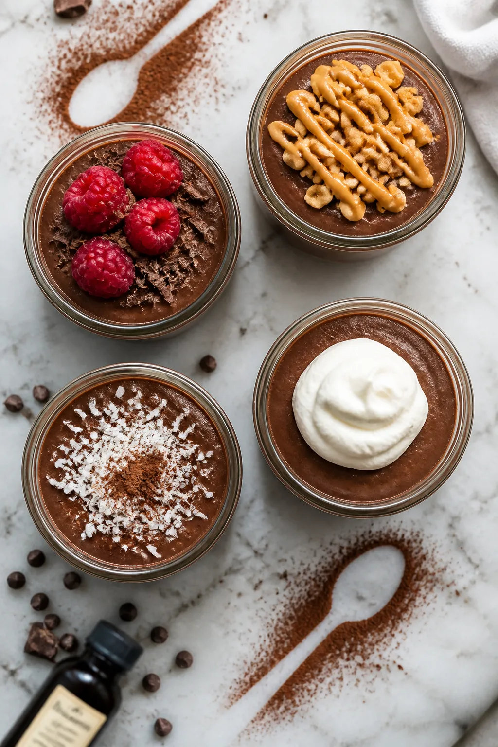 Tasty top view: Overhead shot of four chilled jars of high-protein chocolate pudding arranged on a c