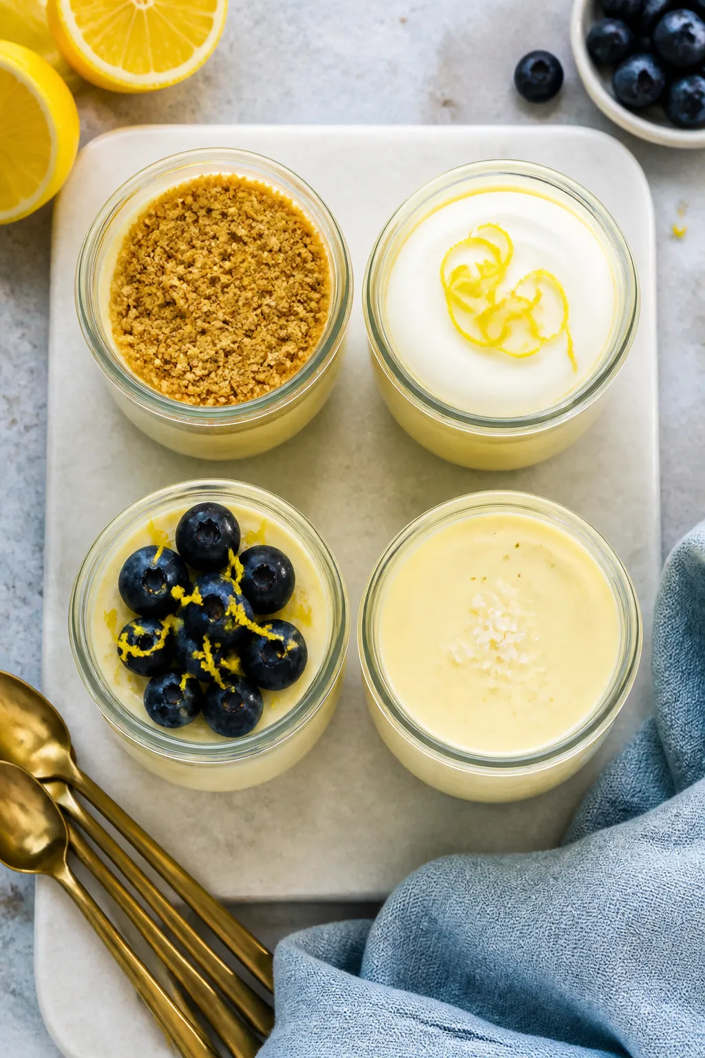 Tasty top view: Overhead shot of four chilled lemon cheesecake pudding jars on a light stone tray, e