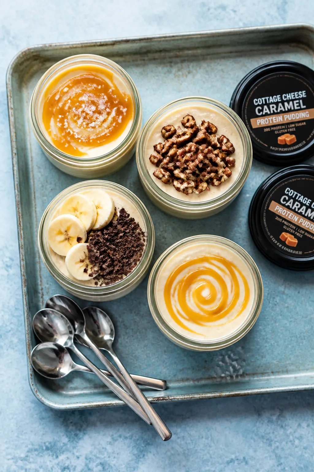 Tasty top view: Overhead shot of four chilled single-serve jars of Cottage Cheese Caramel Protein Pu