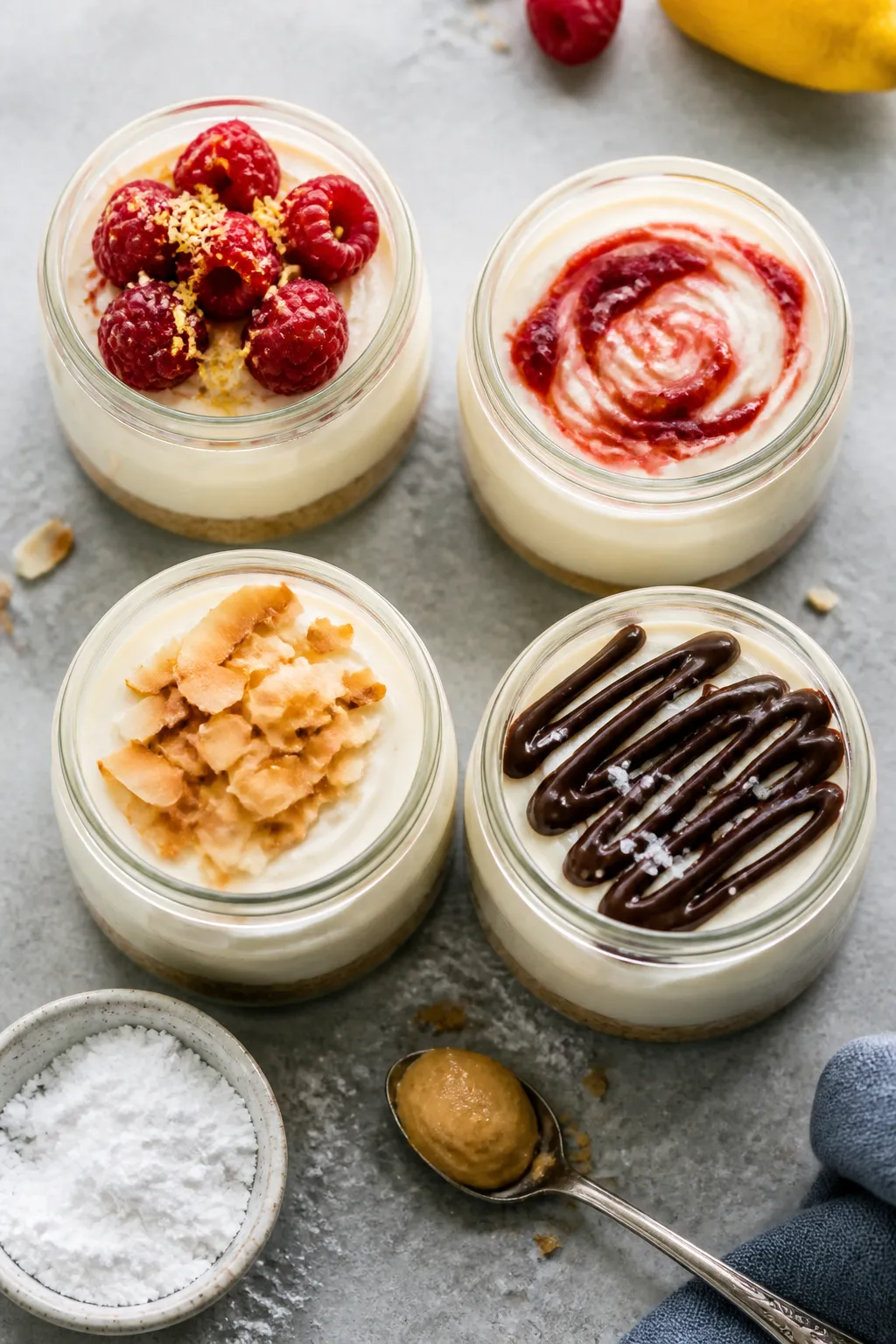 Tasty top view: Overhead shot of four small jars (6–8 oz) filled with the set no-bake cheesecake m