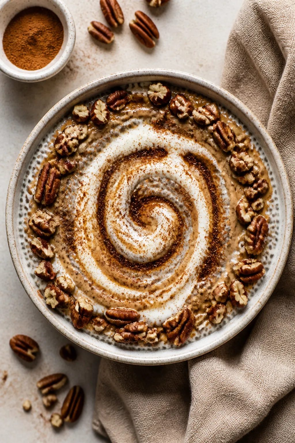 Tasty top view: Overhead shot of fully assembled High Protein Cinnamon Roll Chia Pudding in a low ce