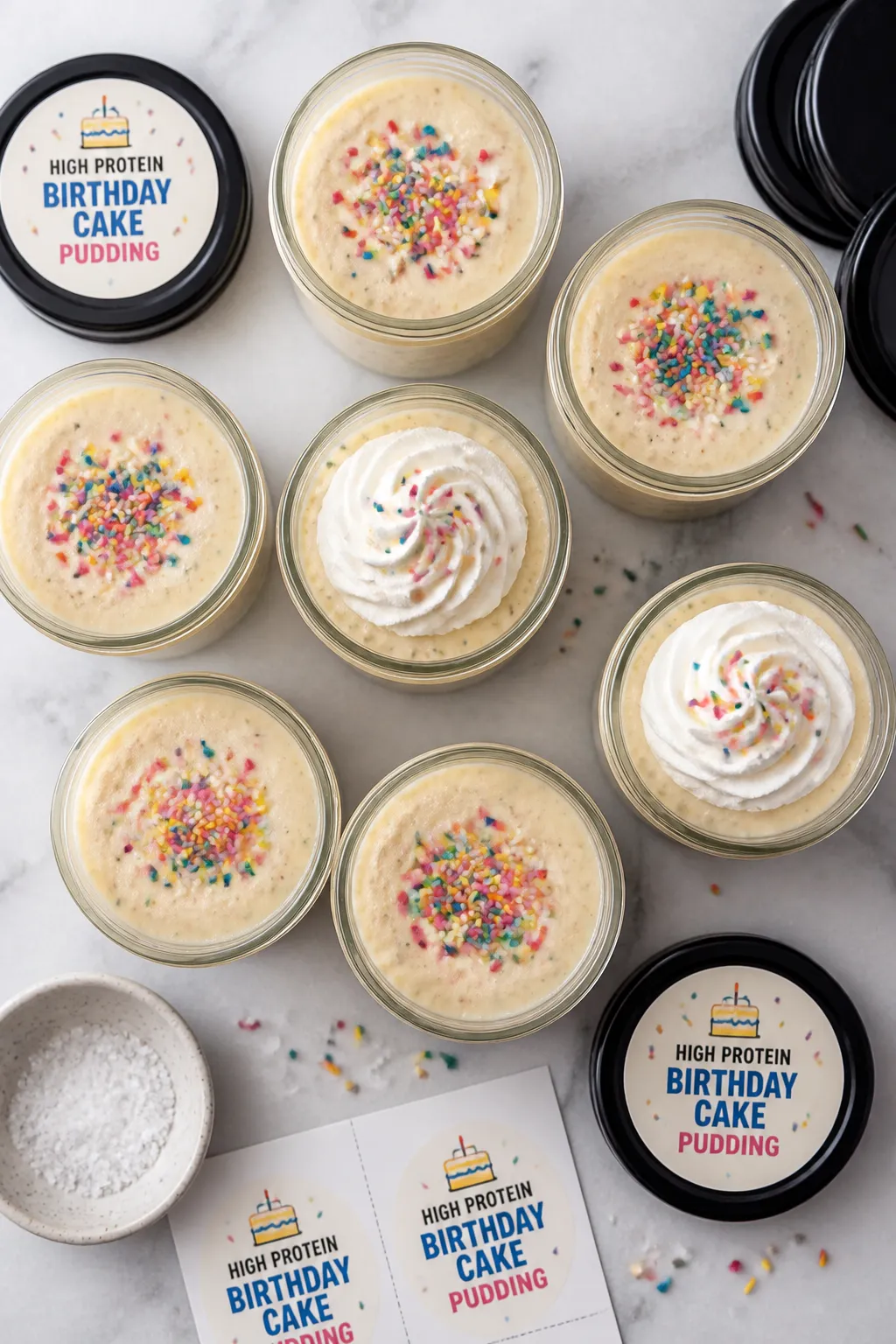 Tasty top view: Overhead shot of High Protein Birthday Cake Pudding portioned into small glass jars
