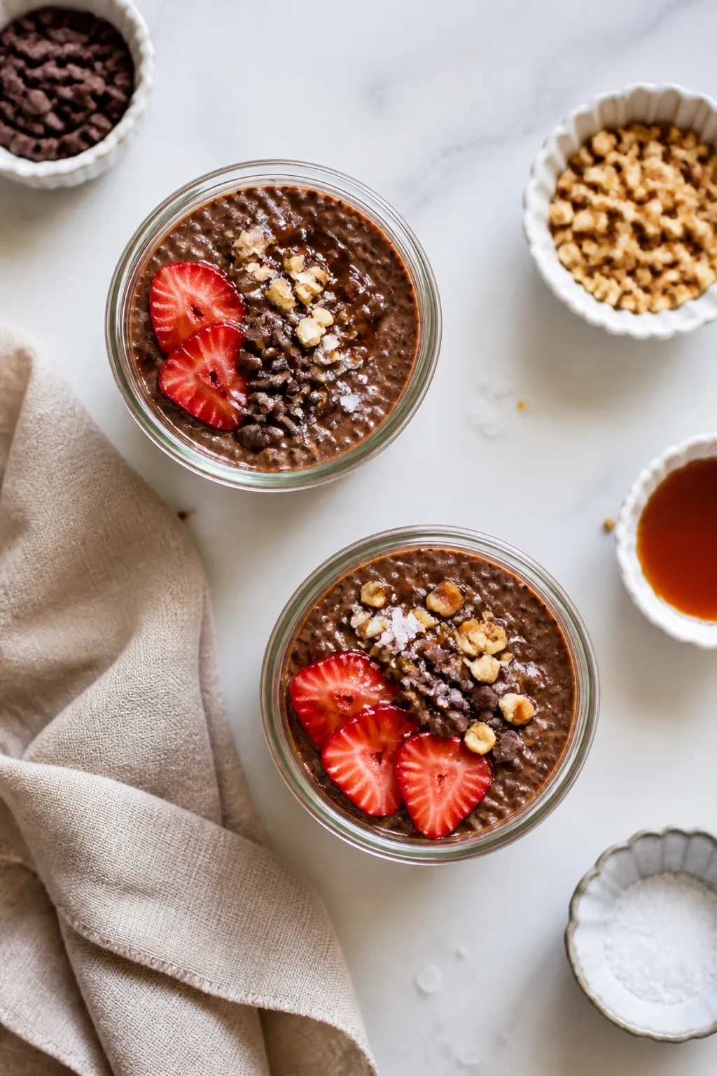Tasty top view: Overhead shot of High Protein Brownie Batter Chia Pudding set overnight in two small