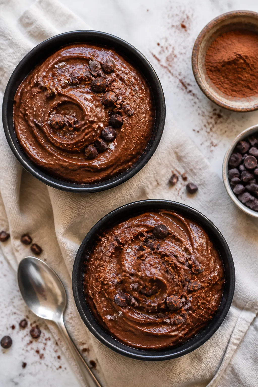 Tasty top view: Overhead shot of High Protein Low Carb Brownie Batter Protein Mousse swirled into tw