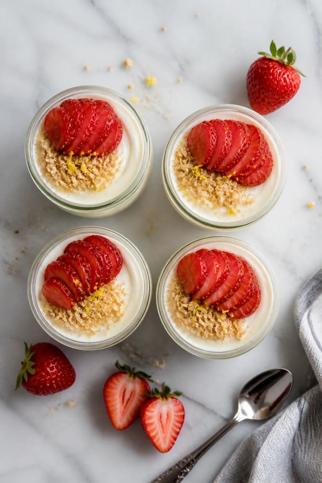 Tasty top view: Overhead shot of High Protein Strawberry Cheesecake Pudding portioned into four smal