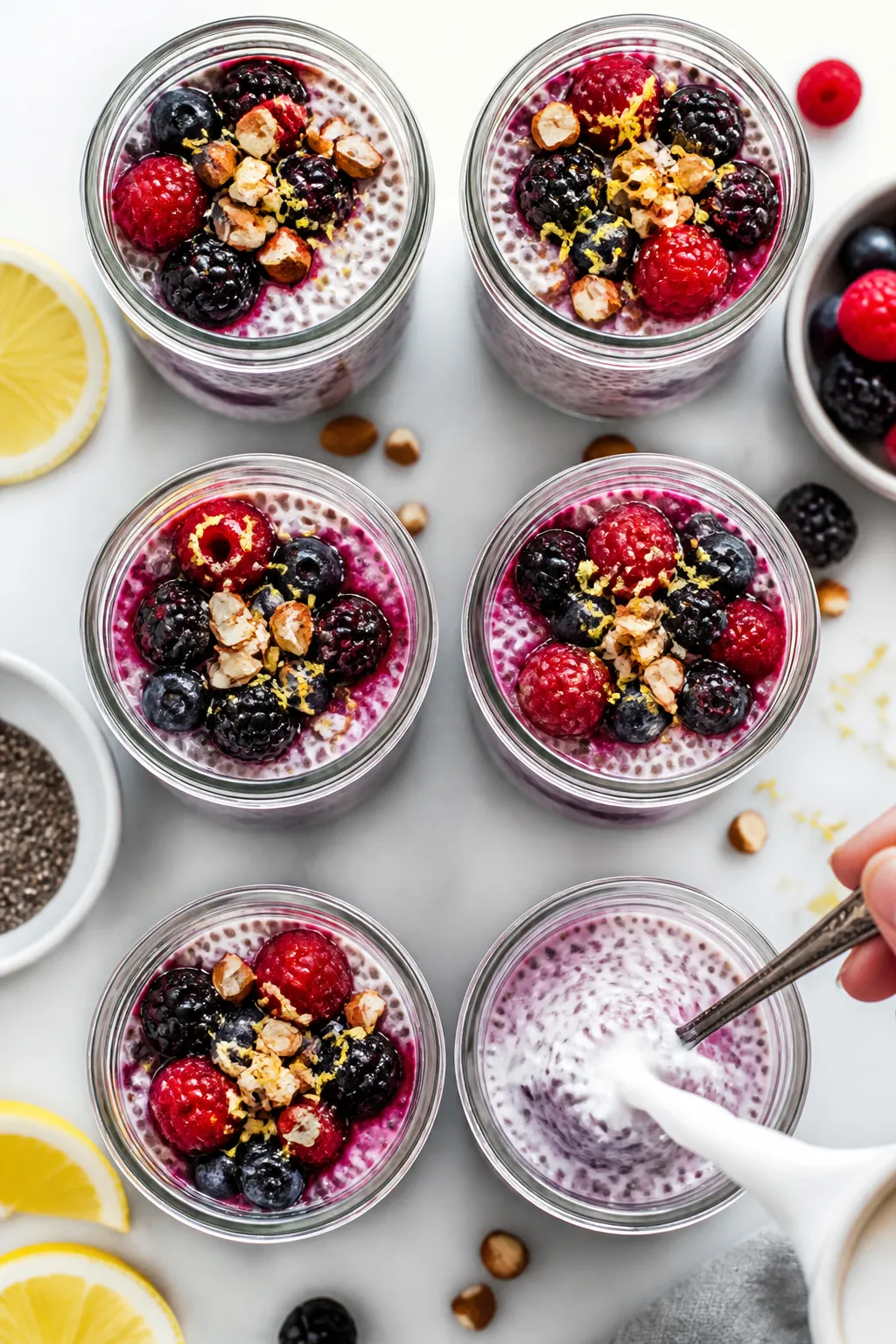Tasty top view: Overhead shot of meal-prep jars filled with high-protein mixed berry chia pudding, n